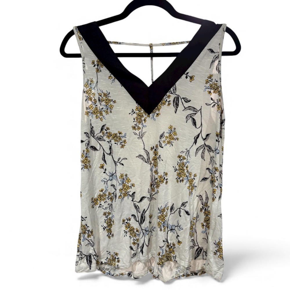 Maurices‎ Floral V-Neck Tank Top Medium Ivory Yellow Black T-Strap Slub Knit Top